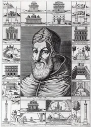 Påven Sixtus V, omgiven av kyrkor, byggnader och monument som byggdes eller restaurerades under hans pontifikat, graverad av Ambrosius, 1589